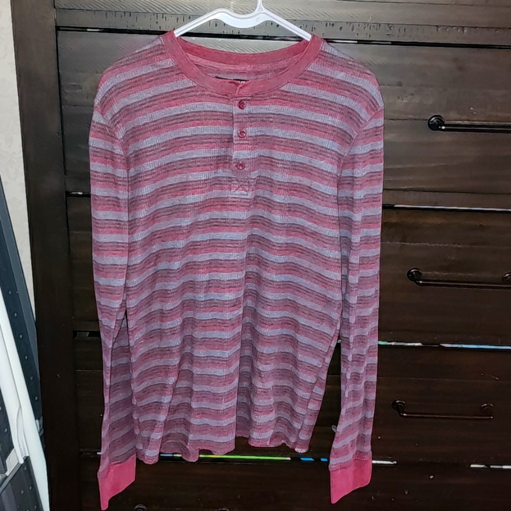 Men's striped long-sleeved shirt by Counter Intelligence, large.